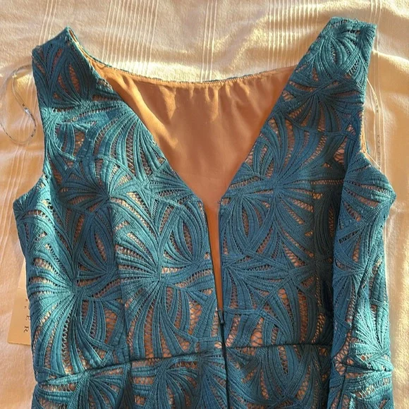 Kay Unger Mckenna Pleat Lace long sleeveless Gown teal nude